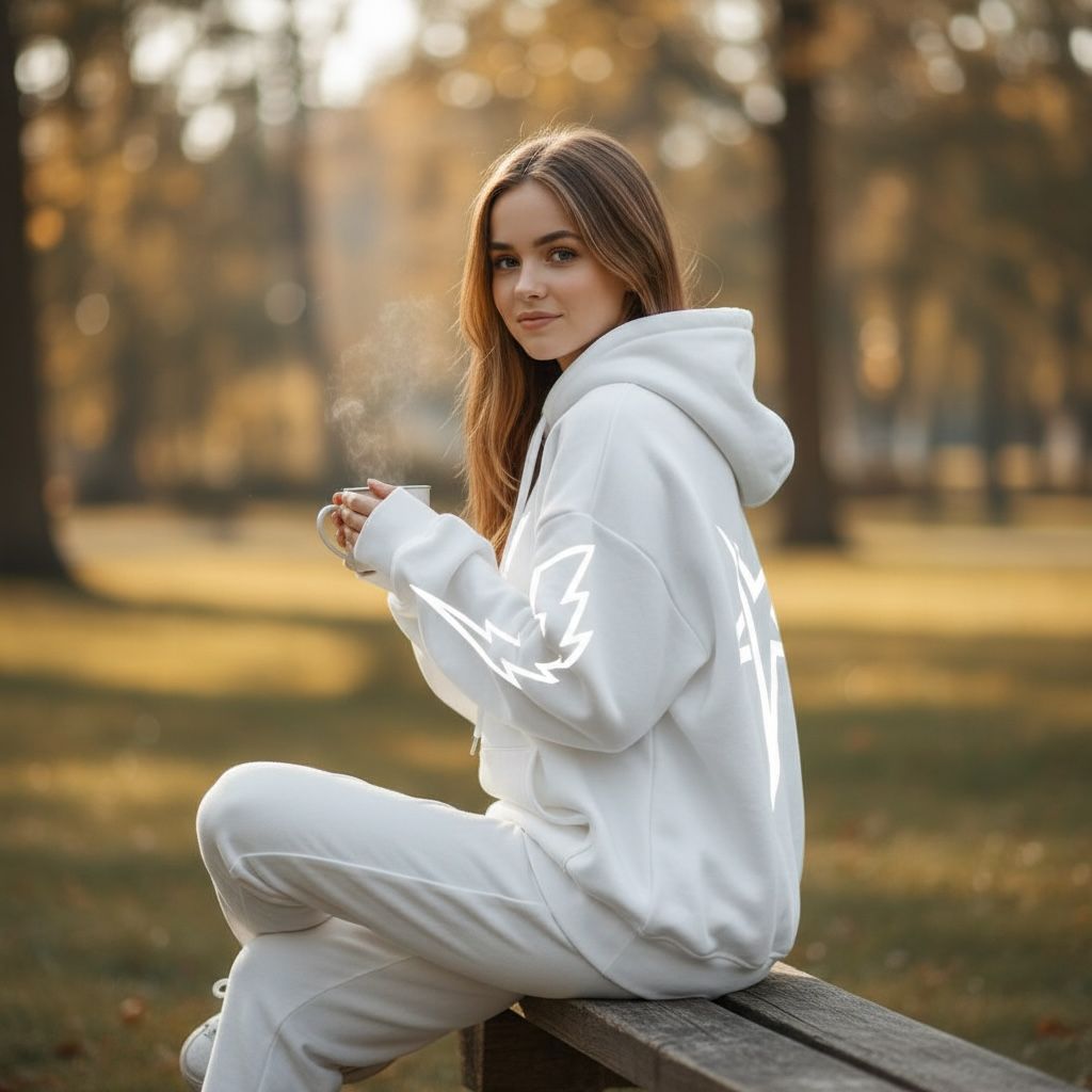 Woman in a white hoodie sitting on a bench in a park