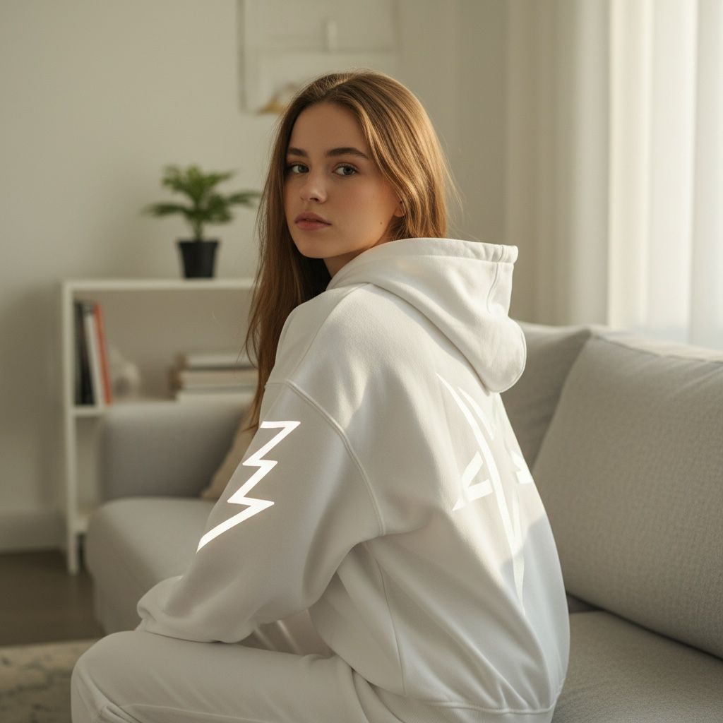 Person wearing a white hoodie with a lightning bolt design, sitting on a couch in a living room.